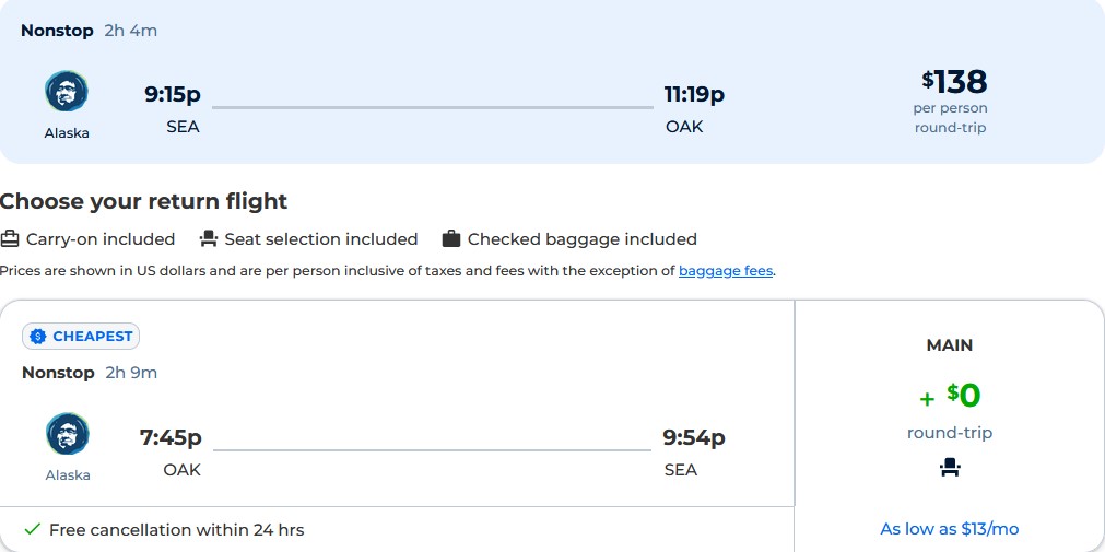 Non-stop flights from Seattle to Oakland, California for only $138 roundtrip with Alaska Airlines. Also works in reverse. Flight deal ticket image.