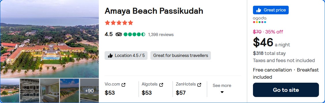 Stay at the 5* Amaya Beach Passikudah in Kalkudah, Sri Lanka for only $46 USD per night. Flight deal ticket image.