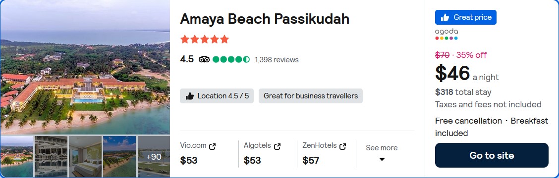 Click here to book this cheap flight deal. Stay at the 5* Amaya Beach Passikudah in Kalkudah, Sri Lanka for only $46 USD per night. Flight deal ticket image.