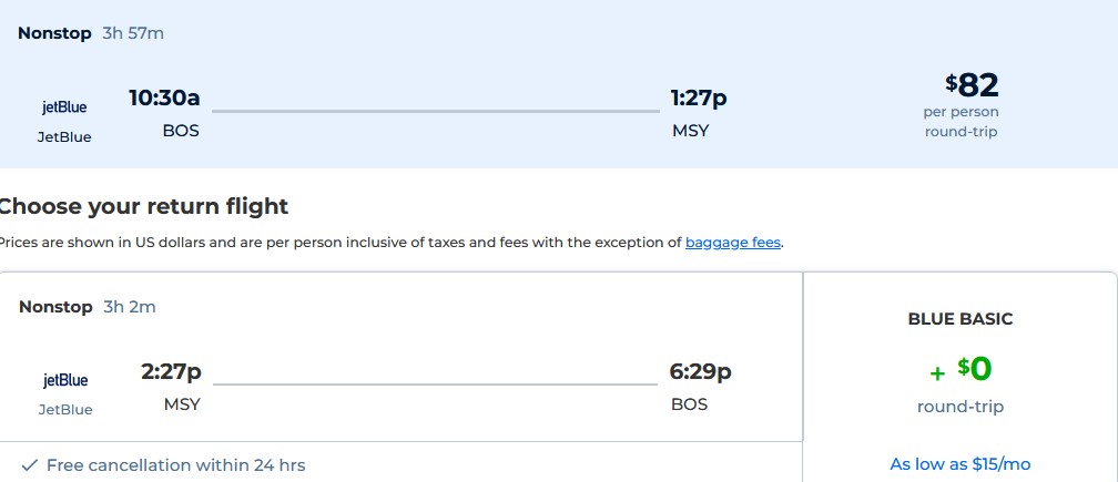 Non-stop flights from Boston to New Orleans for only $82 roundtrip with JetBlue. Also works in reverse. Flight deal ticket image.