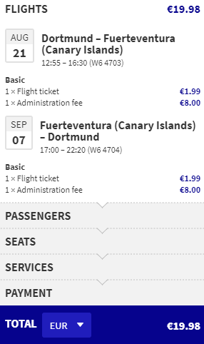 Non-stop flights from Dortmund, Germany to the Canary Islands for only €19 roundtrip. Also works in reverse. Flight deal ticket image.