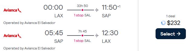 Cheap flights from Los Angeles to San Pedro Sula, Honduras for only $232 roundtrip with Avianca. Flight deal ticket image.