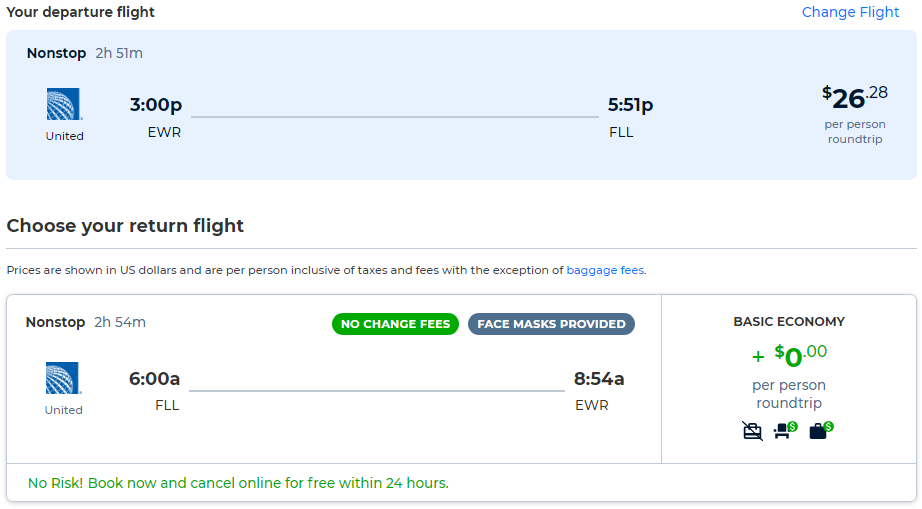 Non-stop flights from New York to Fort Lauderdale for only $26 roundtrip with United Airlines. Also works in reverse. Flight deal ticket image.
