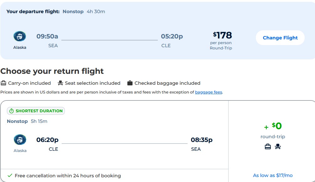 Non-stop flights from Seattle to Cleveland, Ohio for only $178 roundtrip with Alaska Airlines. Also works in reverse. Flight deal ticket image.