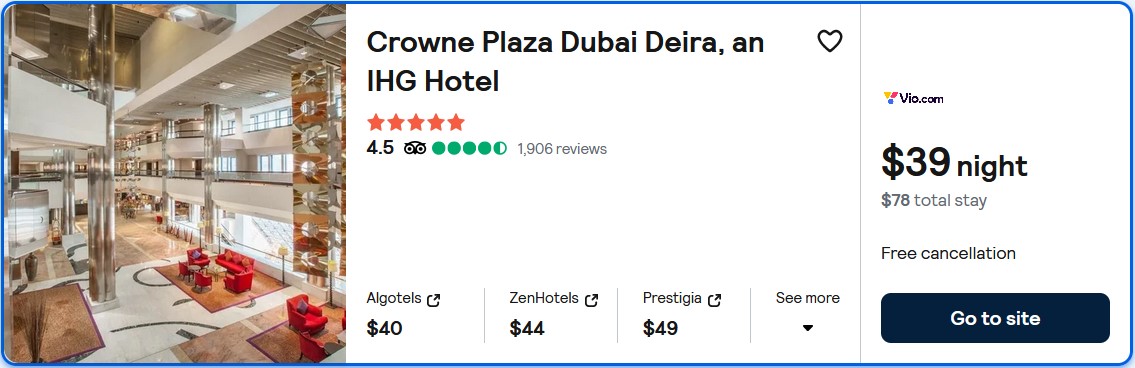 Stay at the 5* Crowne Plaza Dubai Deira, an IHG Hotel in Dubai, UAE for only $39 USD per night. Flight deal ticket image.