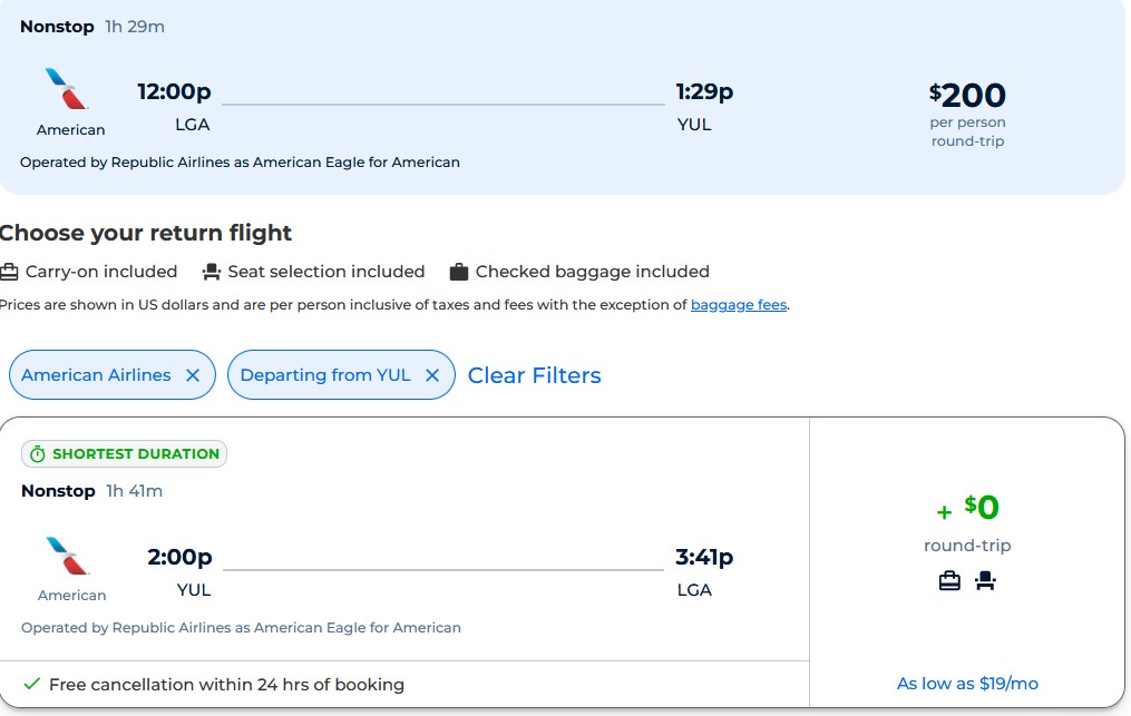 Non-stop flights from New York to Montreal, Canada for only $200 roundtrip with American Airlines. Flight deal ticket image.
