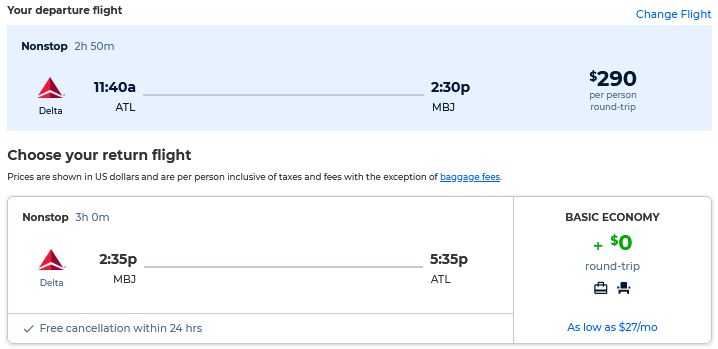 Non-stop flights from Atlanta to Montego Bay, Jamaica for only $290 roundtrip with Delta Air Lines. Flight deal ticket image.
