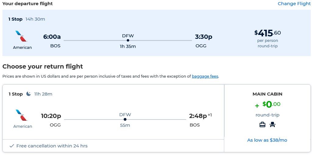 Cheap flights from Boston to Kahului, Hawaii for only $415 roundtrip with American Airlines. Also works in reverse. Flight deal ticket image.