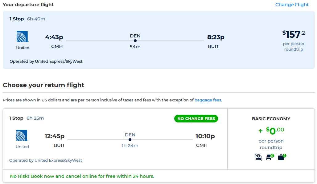 Cheap flights from Columbus to Burbank, California for only $157 roundtrip with United Airlines. Also works in reverse. Flight deal ticket image.