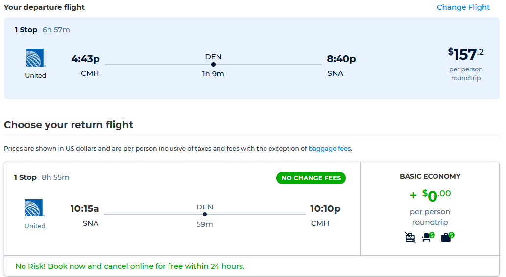 Cheap flights from Columbus to Santa Ana, California for only $157 roundtrip with United Airlines. Also works in reverse. Flight deal ticket image.