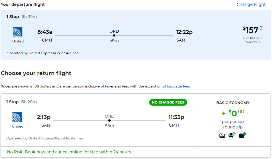 Cheap flights from Columbus to San Diego for only $157 roundtrip with United Airlines. Also works in reverse. Flight deal ticket image.