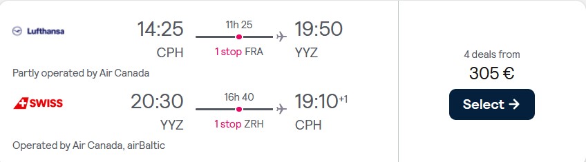 Cheap flights from Copenhagen, Denmark to Canadian cities from only €305 roundtrip with Air Canada and Lufthansa. Flight deal ticket image.