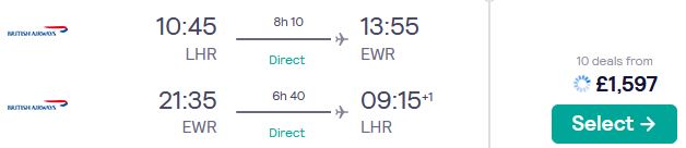 Click here to book this cheap flight deal. First Class flights from London, UK to US cities from only £1597 roundtrip with British Airways. Flight deal ticket image.