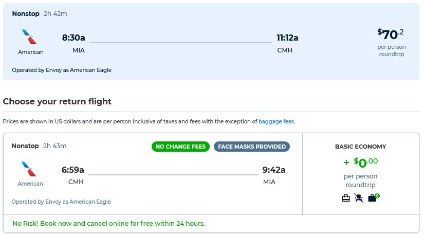 Click here to book this cheap flight deal. Non-stop flights from Miami to Columbus for only $70 roundtrip with American Airlines. Also works in reverse. Flight deal ticket image.