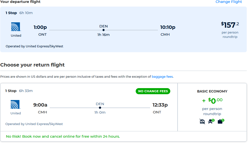 Cheap flights from Ontario, California to Columbus for only $157 roundtrip with United Airlines. Also works in reverse. Flight deal ticket image.