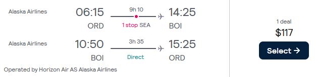 Non-stop flights from Chicago to Boise, Idaho for only $112 roundtrip with Alaska Airlines. Also works in reverse. Flight deal ticket image.