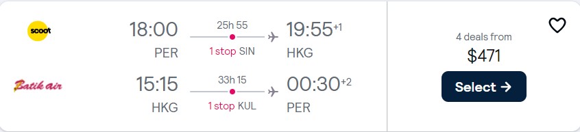 Cheap flights from Australian cities to Hong Kong from only $471 AUD roundtrip. Flight deal ticket image.