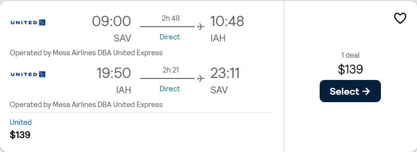 Non-stop flights from Savannah, Georgia to Houston, Texas for only $139 roundtrip with United Airlines. Also works in reverse. Flight deal ticket image.