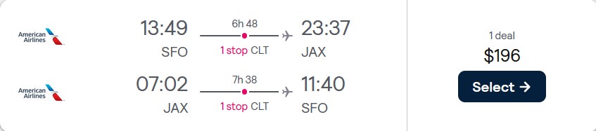Cheap flights from San Francisco to Jacksonville, Florida for only $196 roundtrip with American Airlines. Also works in reverse. Flight deal ticket image.