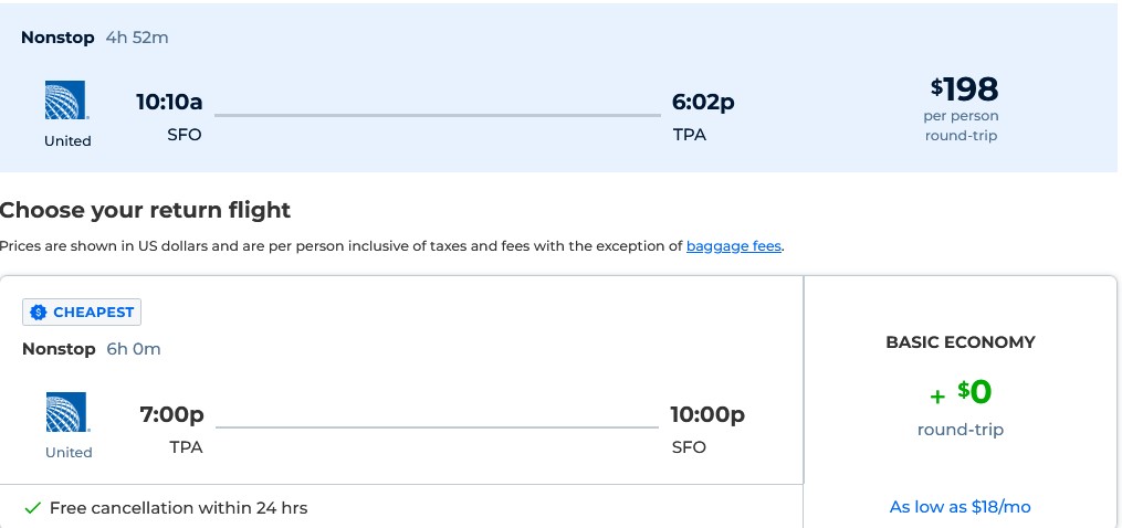 Non-stop flights from San Francisco to Tampa, Florida for only $198 roundtrip with United Airlines. Also works in reverse. Flight deal ticket image.