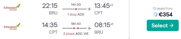 Cheap flights from Brussels, Belgium to Cape Town, South Africa for only €354 roundtrip. Flight deal ticket image.