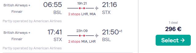 Cheap flights from Basel, Switzerland to the US Virgin Islands for only €722 roundtrip with Air France, JetBlue and United Airlines. Flight deal ticket image.