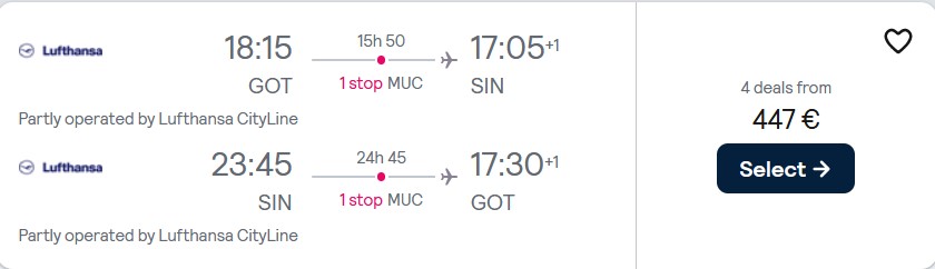 Cheap flights from Gothenburg, Sweden to Singapore for only €447 roundtrip with Lufthansa. Flight deal ticket image.