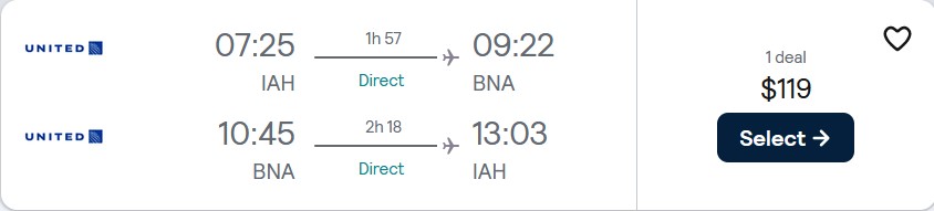 Non-stop flights from Houston, Texas to Nashville for only $119 roundtrip with United Airlines. Also works in reverse. Flight deal ticket image.