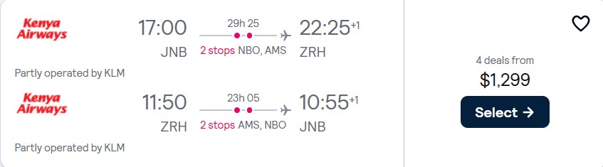 Click here to book this cheap flight deal. Business Class flights from Johannesburg, South Africa to Zurich, Switzerland for only $1299 USD roundtrip with KLM. Flight deal ticket image.