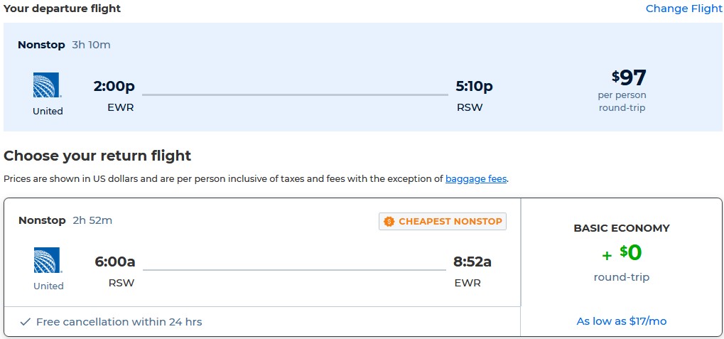Non-stop flights from New York to Fort Myers, Florida for only $97 roundtrip with United Airlines. Also works in reverse. Flight deal ticket image.