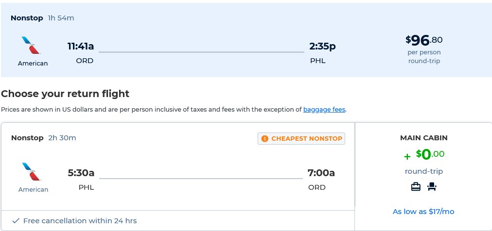 Non-stop flights from Chicago to Philadelphia for only $96 roundtrip with American Airlines. Also works in reverse. Flight deal ticket image.