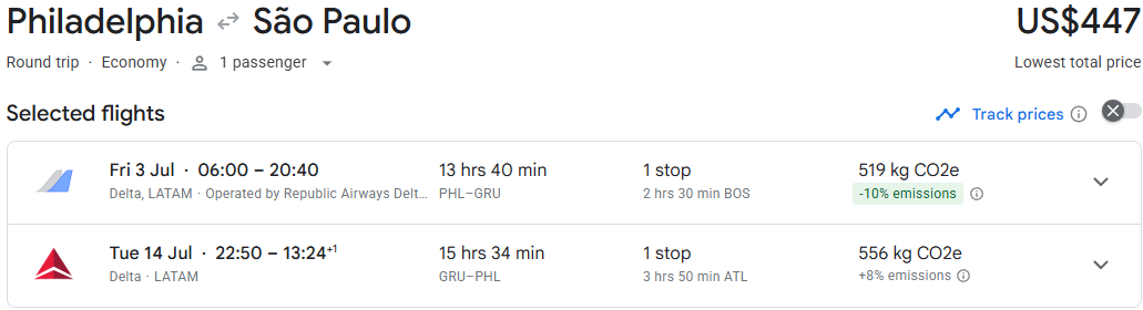 Click here to book this cheap flight deal. Summer flights from Philadelphia to Sao Paulo, Brazil for only £338 roundtrip with Delta Air Lines and LATAM. Flight deal ticket image.