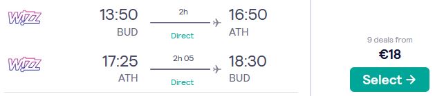 Non-stop flights from Budapest, Hungary to Athens, Greece for only €18 roundtrip. Flight deal ticket image.