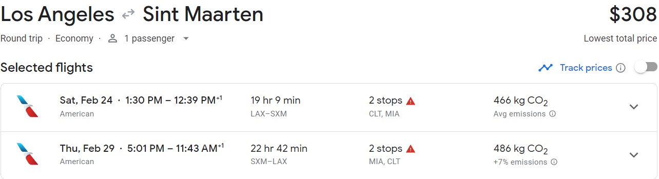 Click here to book this cheap flight deal. Cheap flights from Los Angeles to St. Martin for only $308 roundtrip with American Airlines. Flight deal ticket image.