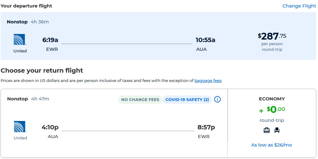 Non-stop flights from New York to Aruba for only $287 roundtrip with United Airlines. Flight deal ticket image.