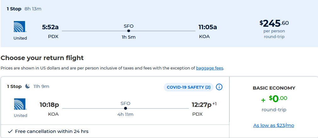 Cheap flights from Portland, Oregon to Kona, Hawaii for only $245 roundtrip with United Airlines. Also works in reverse. Flight deal ticket image.