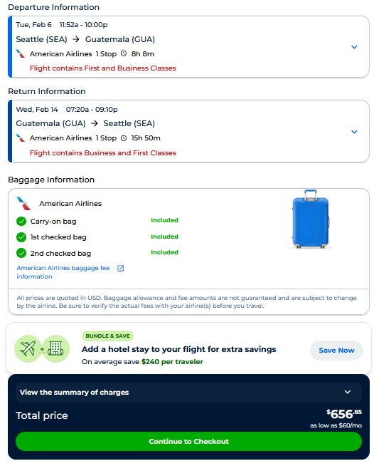 Business Class flights from Seattle to Guatemala City, Guatemala for only $656 roundtrip with American Airlines. Flight deal ticket image.