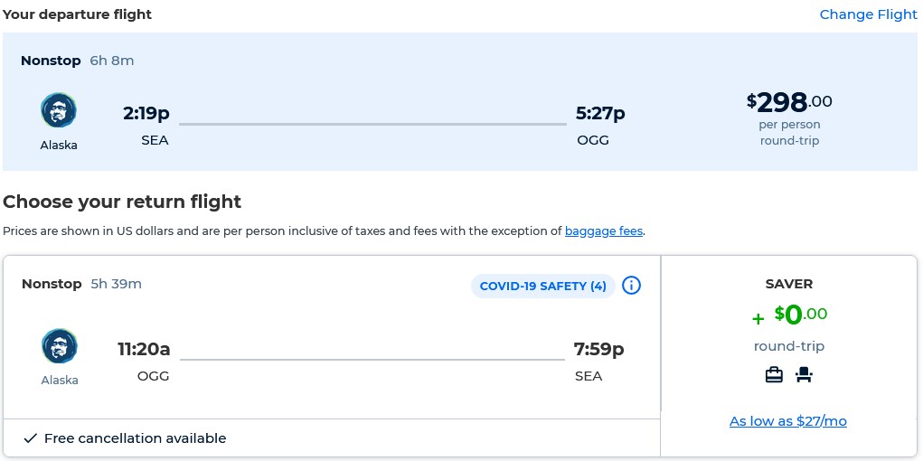 Non-stop flights from Seattle to Kahului, Hawaii for only $298 roundtrip with Alaska Airlines. Also works in reverse. Flight deal ticket image.