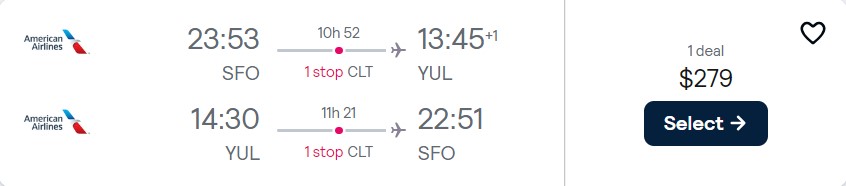 Cheap flights from San Francisco to Montreal, Canada for only $279 roundtrip with American Airlines. Flight deal ticket image.