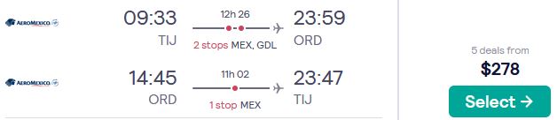 Cheap flights from Tijuana, Mexico to Chicago, USA for only $278 USD roundtrip with Aeromexico. Flight deal ticket image.