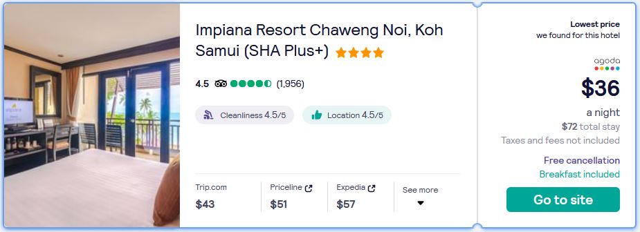 Stay at the 4* Impiana Resort Chaweng Noi, Koh Samui (SHA Plus+) in Koh Samui, Thailand for only $36 USD per night. Flight deal ticket image.