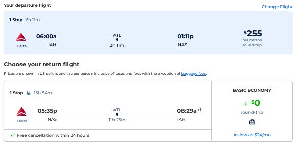 Cheap flights from Houston, Texas to the Bahamas for only $255 roundtrip with Delta Air Lines. Flight deal ticket image.