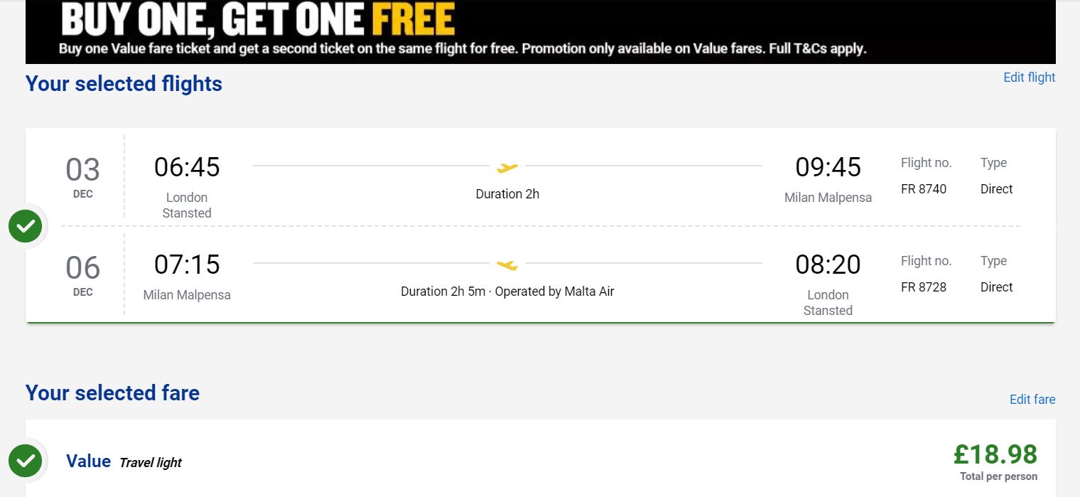 Click here to book this cheap flight deal. Ryanair are having a Black Friday buy one get one free sale on selected flights across Europe.
Flight deal ticket image.