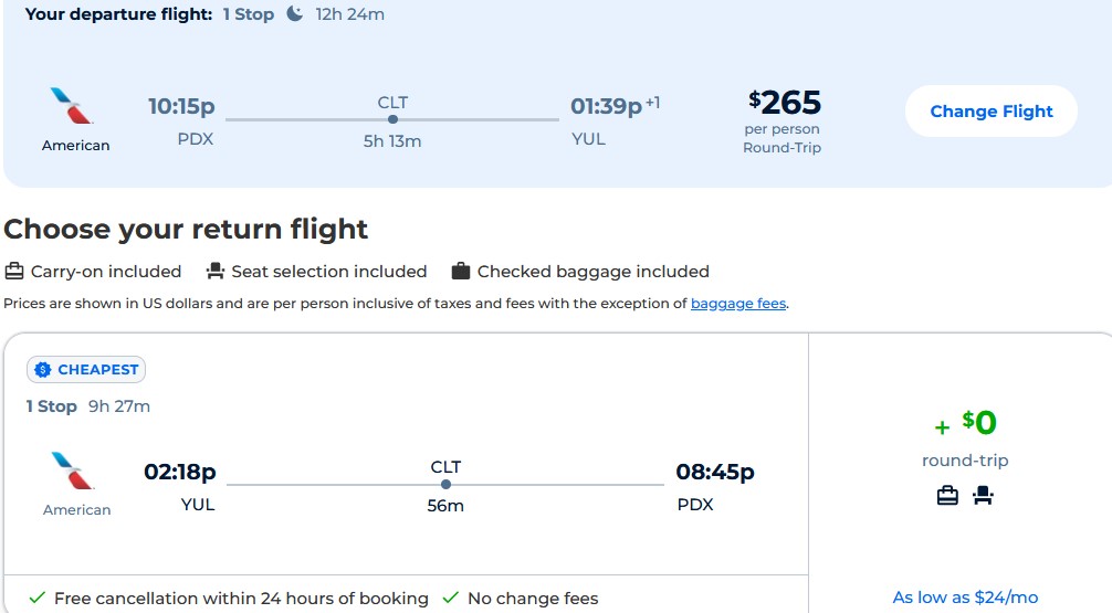 Cheap flights from Portland, Oregon to Montreal, Canada for only $265 roundtrip with American Airlines. Flight deal ticket image.