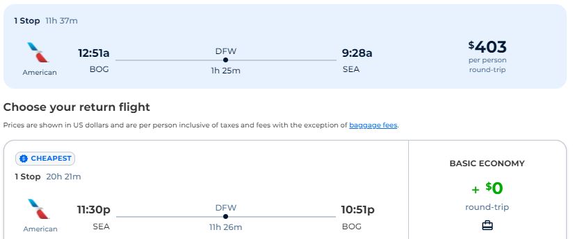 Cheap flights from Bogota, Colombia to Seattle, USA for only $403 USD roundtrip with American Airlines. Flight deal ticket image.