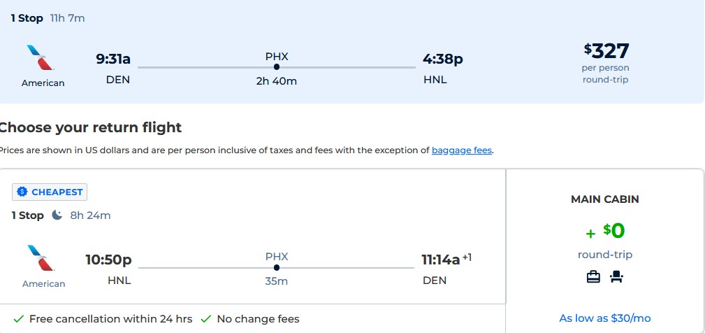Cheap flights from US cities to Honolulu, Hawaii from only $327 roundtrip with American Airlines. Also works in reverse. Flight deal ticket image.