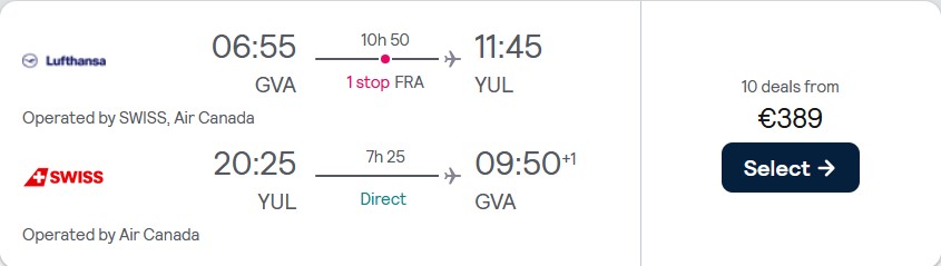 Cheap flights from Geneva, Switzerland to Montreal, Canada for only €389 roundtrip with Swiss International Air Lines and Air Canada. Flight deal ticket image.