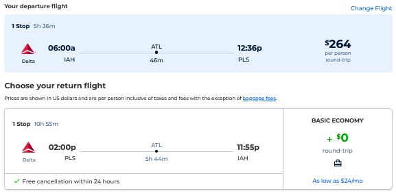Click here to book this cheap flight deal. Cheap flights from Houston, Texas to Turks and Caicos for only $264 roundtrip with Delta Air Lines. Flight deal ticket image.