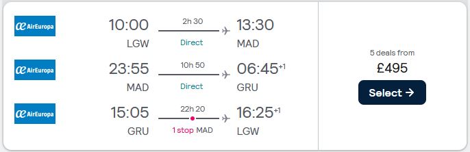 2 in 1 trip...Cheap flights from London, UK to Madrid, Spain and Sao Paulo, Brazil for only £495 roundtrip with Air Europa. Flight deal ticket image.