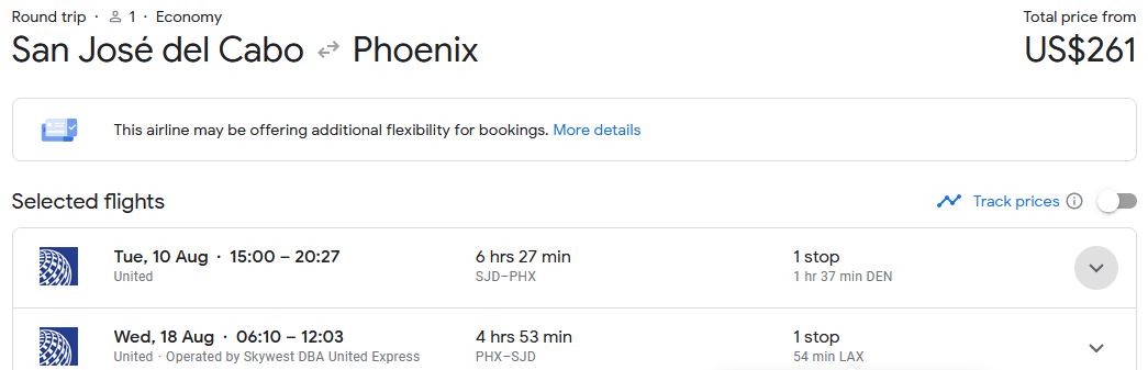 Summer flights from San Jose del Cabo, Mexico to Phoenix, Arizona for only $261 USD roundtrip with United Airlines. Flight deal ticket image.